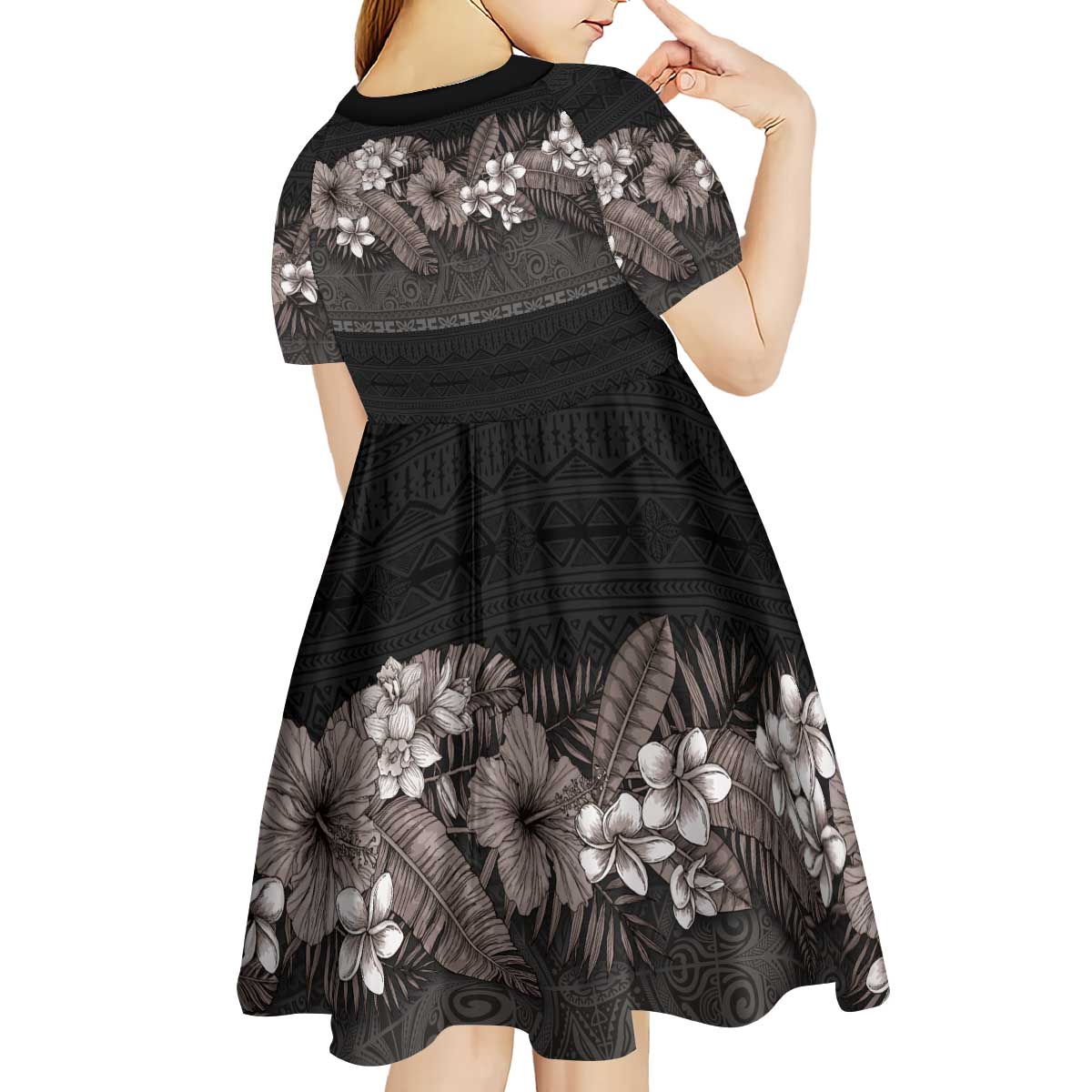 Hawaiian Tropical Flowers and Tribal Polynesian Tattoo Kid Short Sleeve Dress Grayscale Mode LT03 - Polynesian Pride