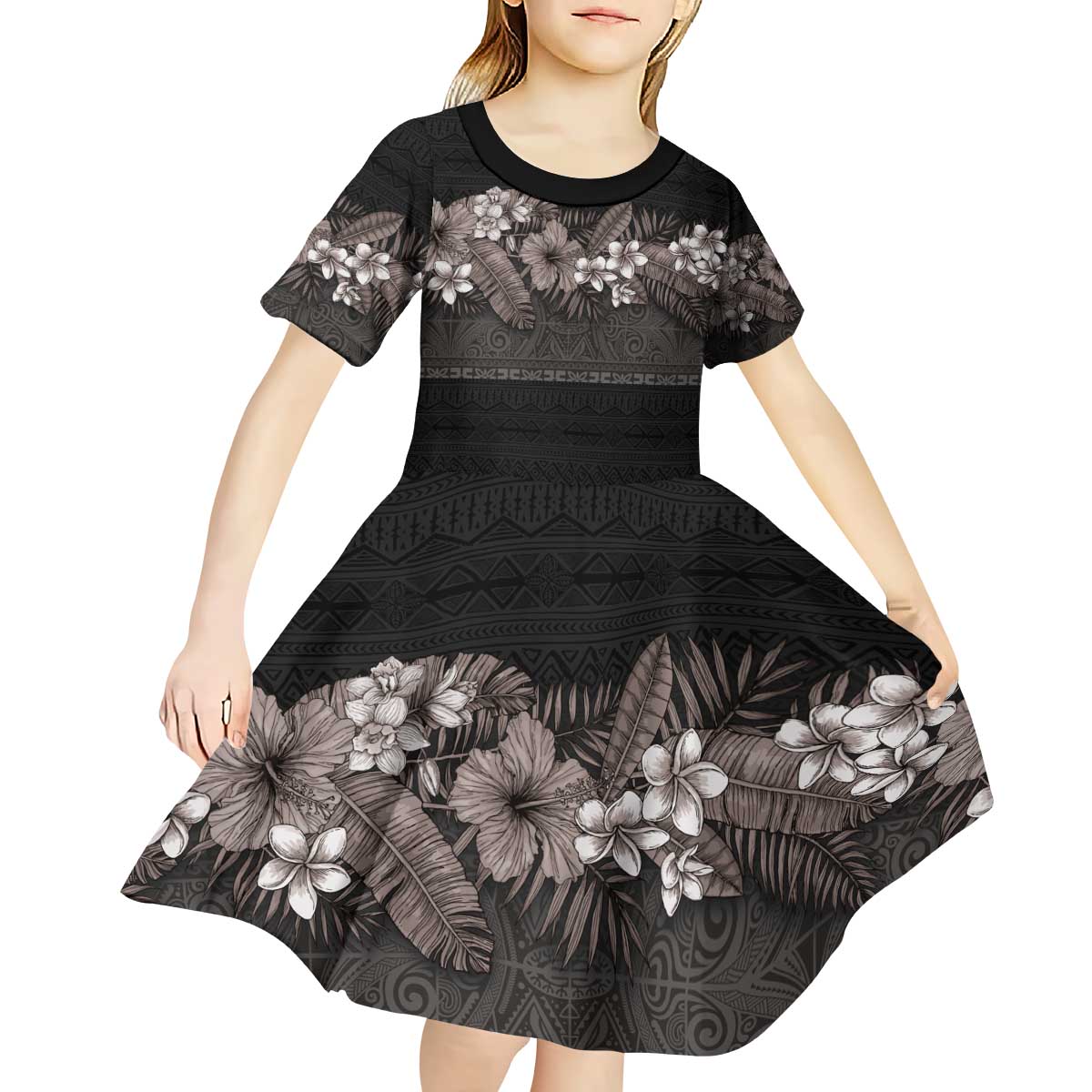 Hawaiian Tropical Flowers and Tribal Polynesian Tattoo Kid Short Sleeve Dress Grayscale Mode LT03 - Polynesian Pride