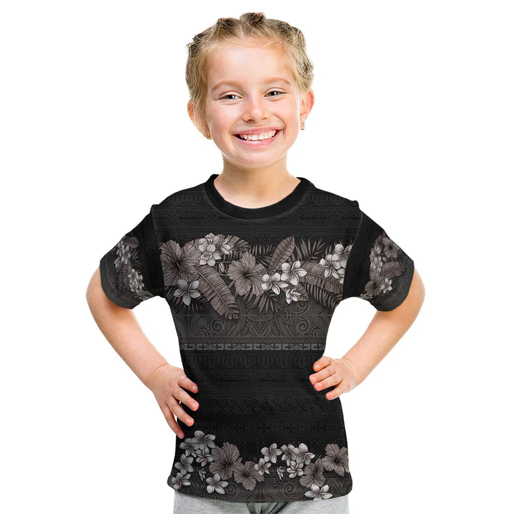 Hawaiian Tropical Flowers and Tribal Polynesian Tattoo Kid T Shirt Grayscale Mode LT03 Black - Polynesian Pride