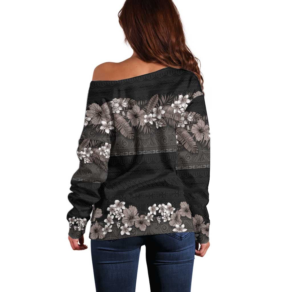 Hawaiian Tropical Flowers and Tribal Polynesian Tattoo Off Shoulder Sweater Grayscale Mode