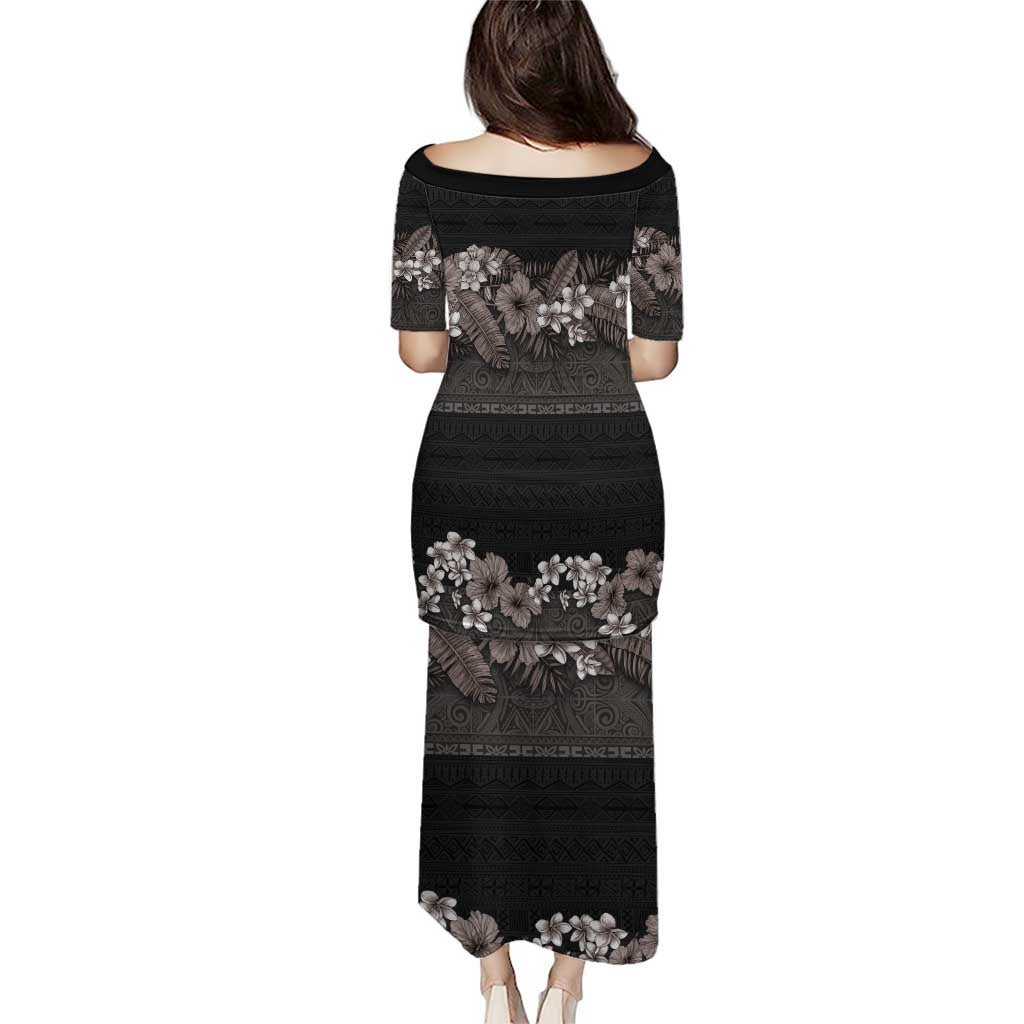 Hawaiian Tropical Flowers and Tribal Polynesian Tattoo Puletasi Grayscale Mode