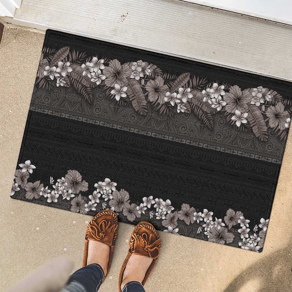 Hawaiian Tropical Flowers and Tribal Polynesian Tattoo Rubber Doormat Grayscale Mode LT03 - Polynesian Pride