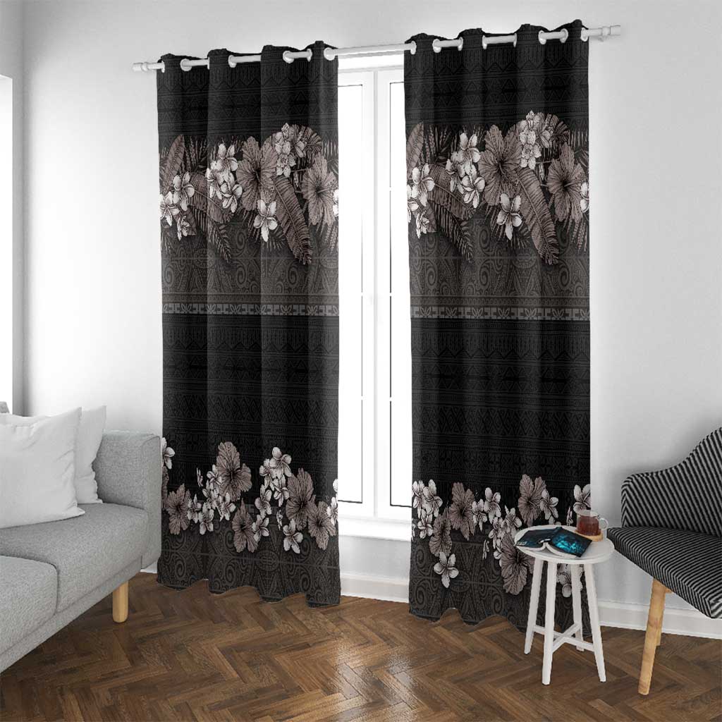 Hawaiian Tropical Flowers and Tribal Polynesian Tattoo Window Curtain Grayscale Mode