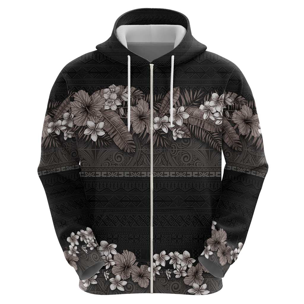 Hawaiian Tropical Flowers and Tribal Polynesian Tattoo Zip Hoodie Grayscale Mode