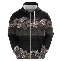 Hawaiian Tropical Flowers and Tribal Polynesian Tattoo Zip Hoodie Grayscale Mode