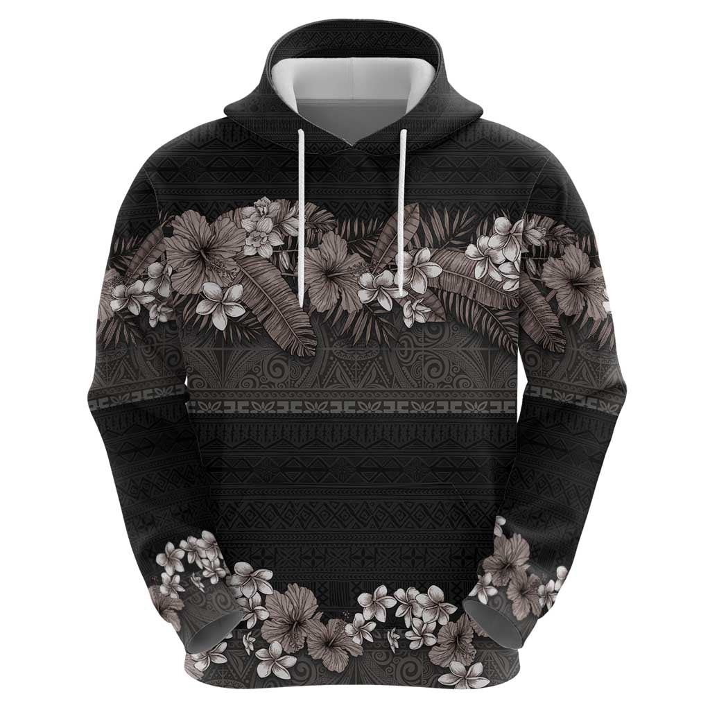 Hawaiian Tropical Flowers and Tribal Polynesian Tattoo Zip Hoodie Grayscale Mode