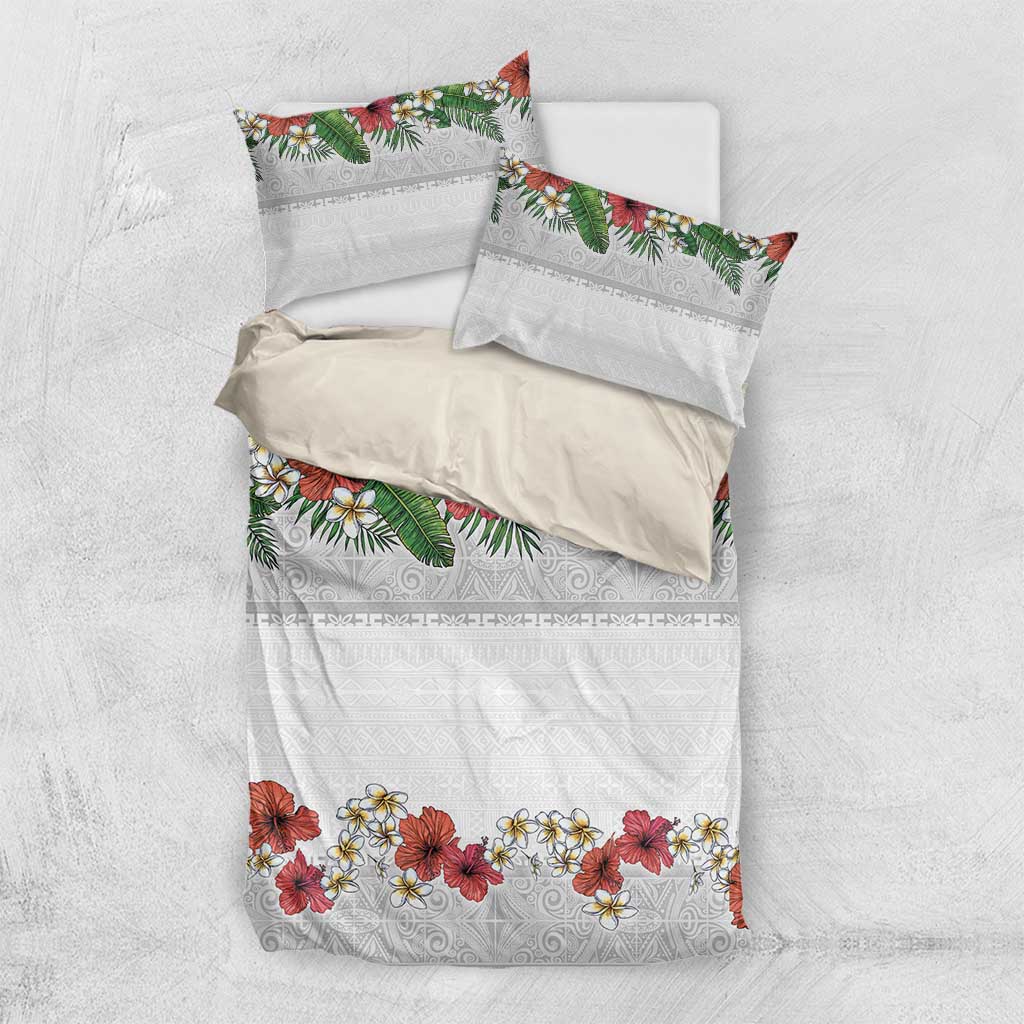 Hawaiian Tropical Flowers and Tribal Polynesian Tattoo Bedding Set White Color