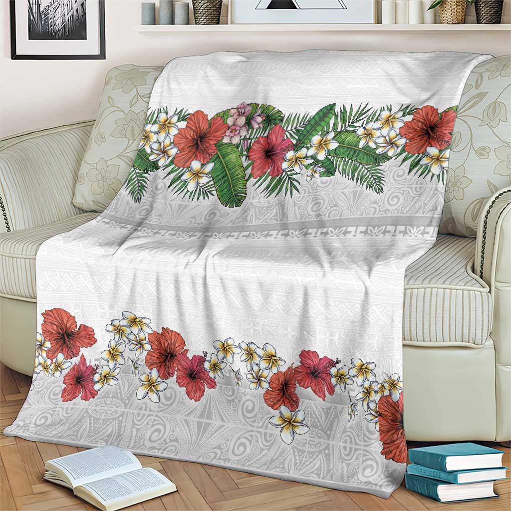 Hawaiian Tropical Flowers and Tribal Polynesian Tattoo Blanket White Color
