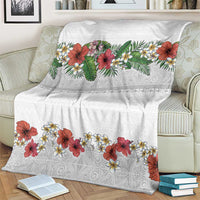 Hawaiian Tropical Flowers and Tribal Polynesian Tattoo Blanket White Color