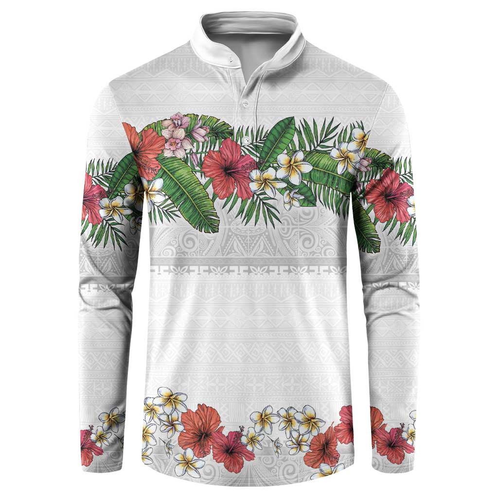 Hawaiian Tropical Flowers and Tribal Polynesian Tattoo Button Sweatshirt White Color LT03 White - Polynesian Pride