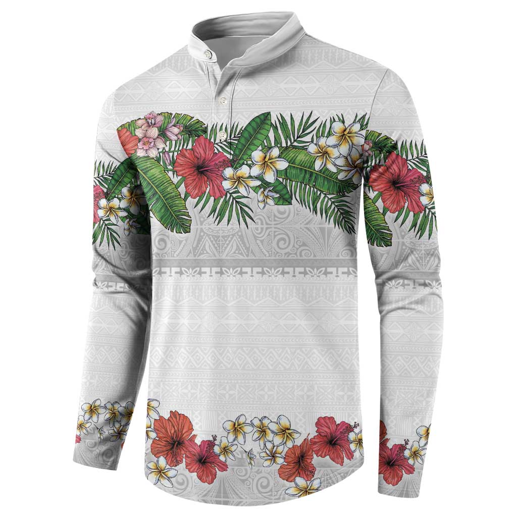 Hawaiian Tropical Flowers and Tribal Polynesian Tattoo Button Sweatshirt White Color LT03 - Polynesian Pride