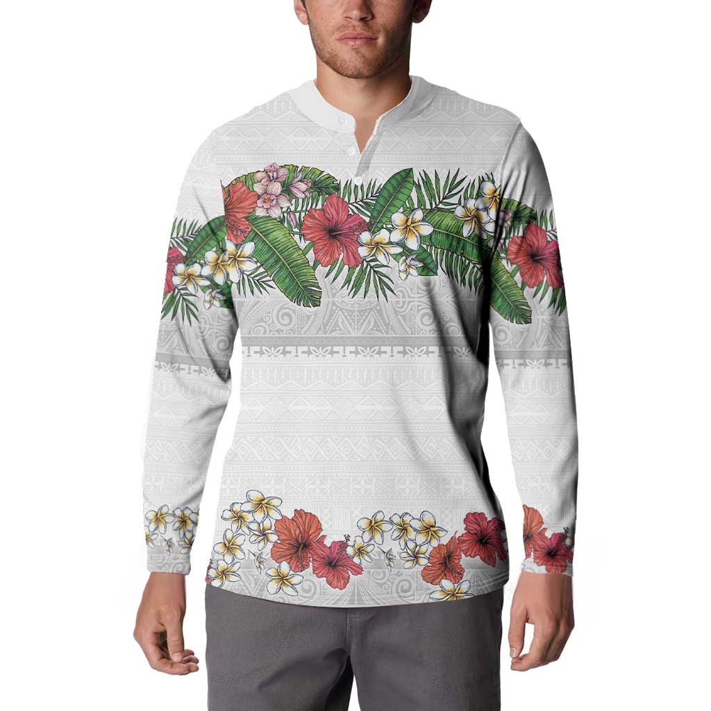 Hawaiian Tropical Flowers and Tribal Polynesian Tattoo Button Sweatshirt White Color LT03 - Polynesian Pride