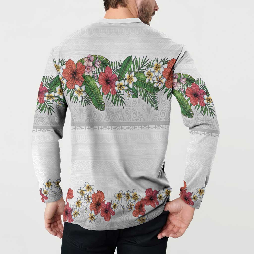 Hawaiian Tropical Flowers and Tribal Polynesian Tattoo Button Sweatshirt White Color LT03 - Polynesian Pride