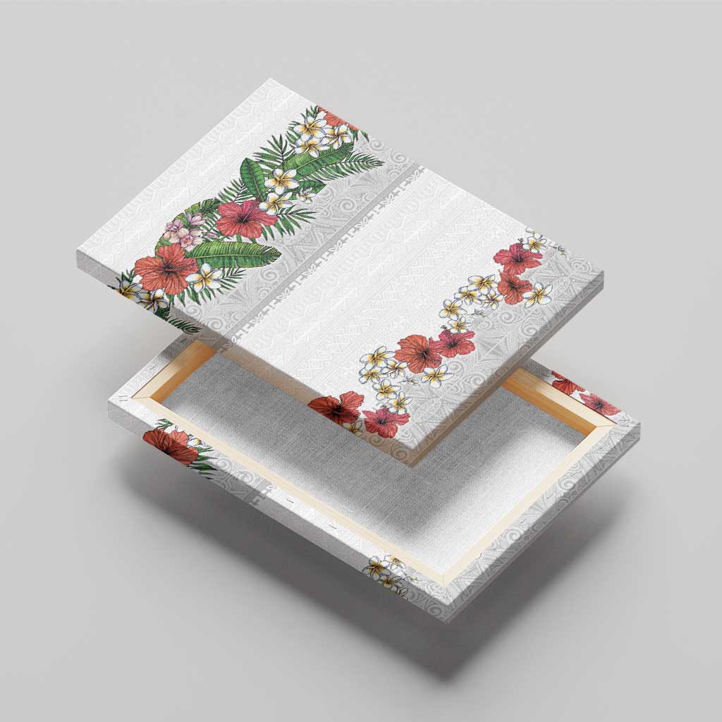 Hawaiian Tropical Flowers and Tribal Polynesian Tattoo Canvas Wall Art White Color