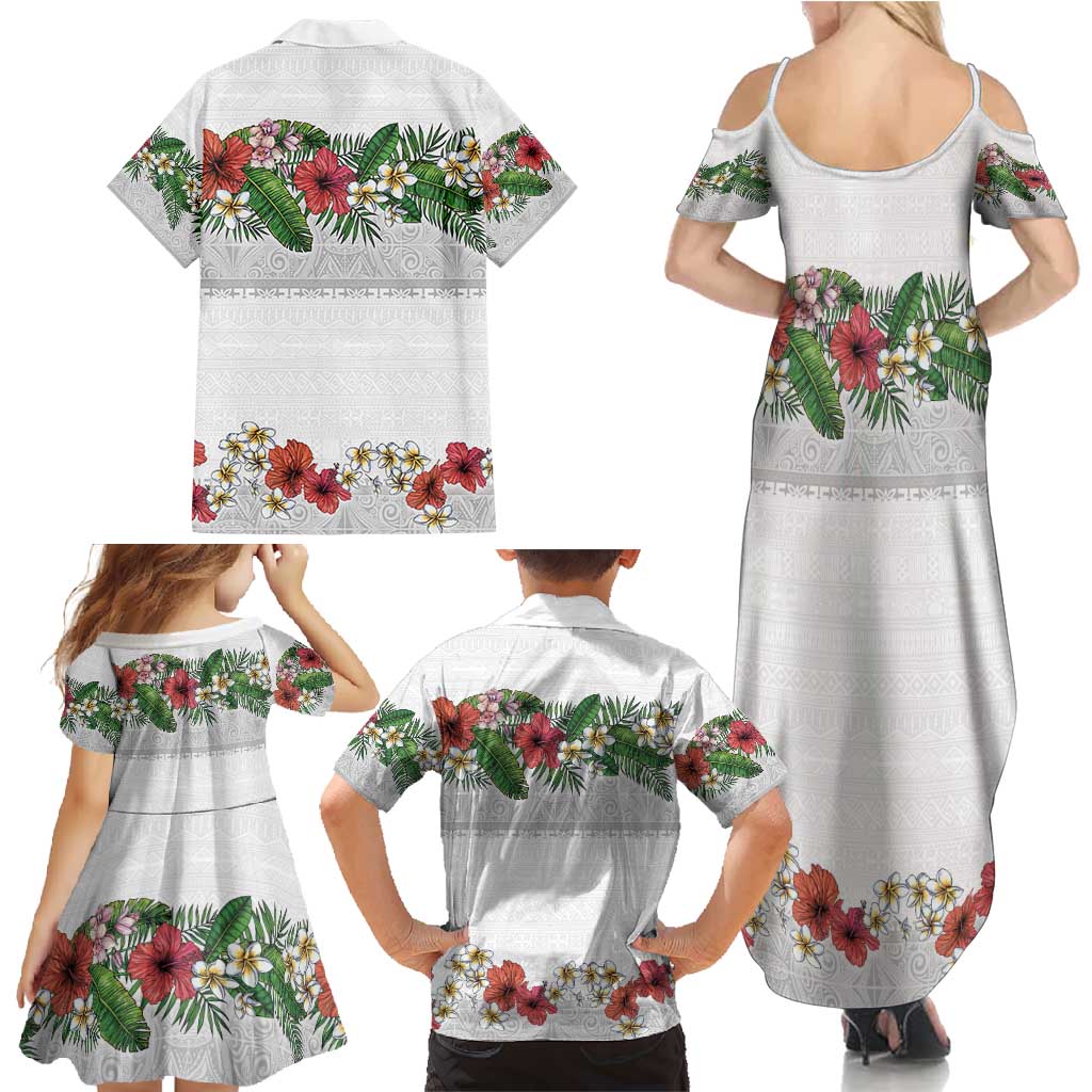 Hawaiian Tropical Flowers and Tribal Polynesian Tattoo Family Matching Summer Maxi Dress and Hawaiian Shirt White Color