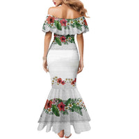 Hawaiian Tropical Flowers and Tribal Polynesian Tattoo Mermaid Dress White Color