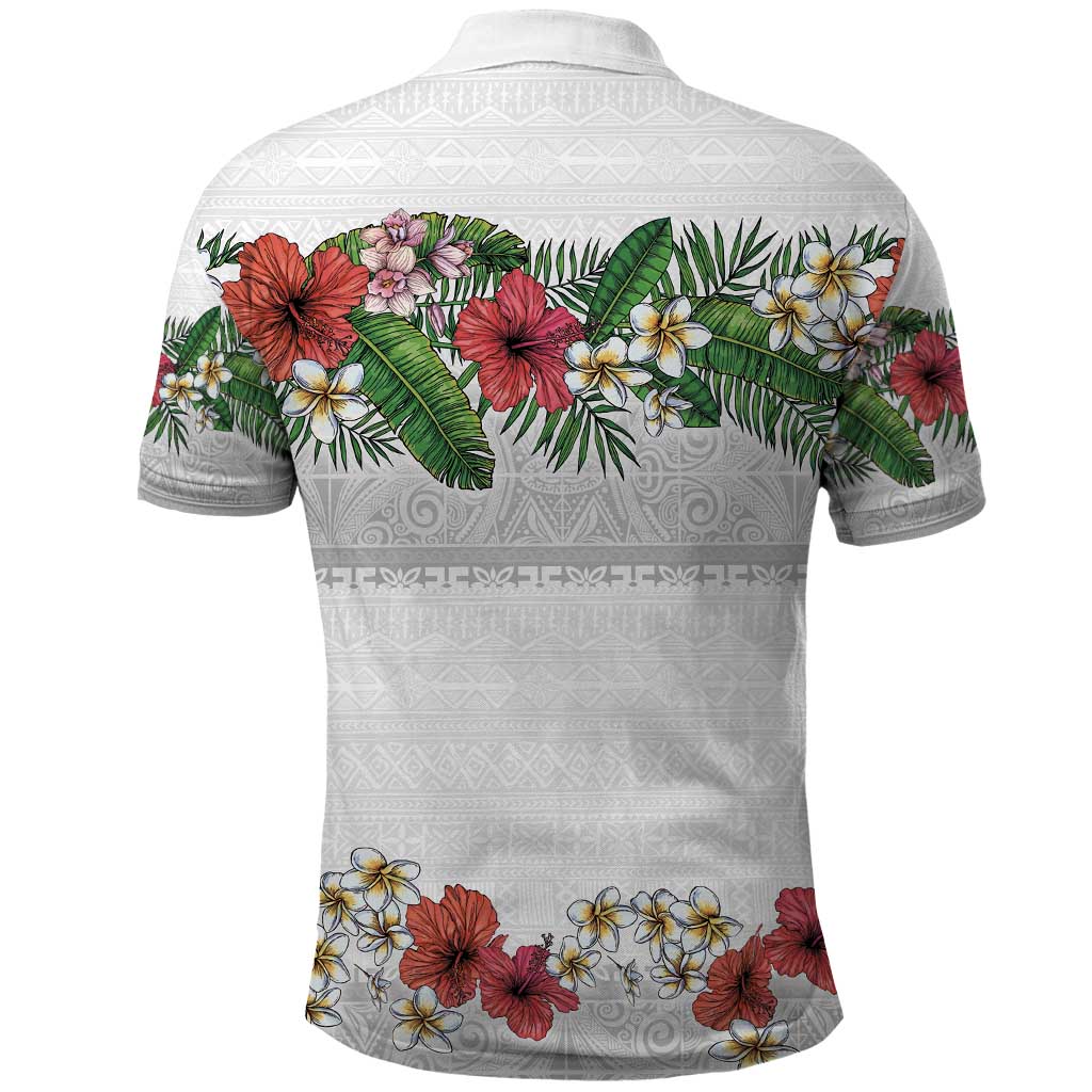 Hawaiian Tropical Flowers and Tribal Polynesian Tattoo Polo Shirt White Color