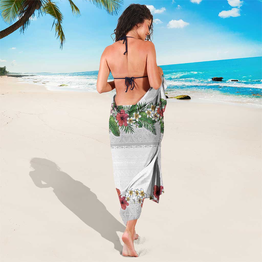 Hawaiian Tropical Flowers and Tribal Polynesian Tattoo Sarong White Color