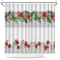 Hawaiian Tropical Flowers and Tribal Polynesian Tattoo Shower Curtain White Color