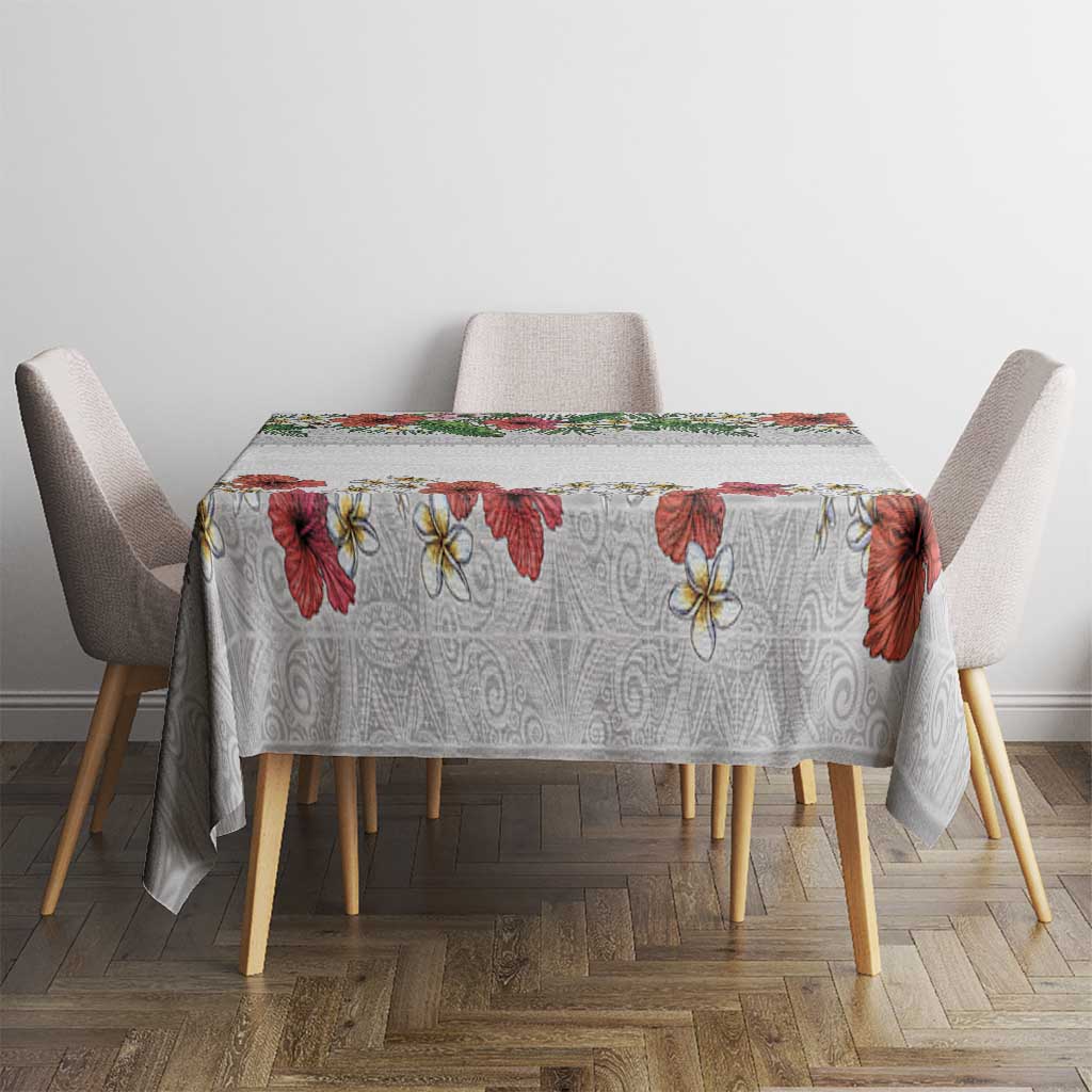 Hawaiian Tropical Flowers and Tribal Polynesian Tattoo Tablecloth White Color