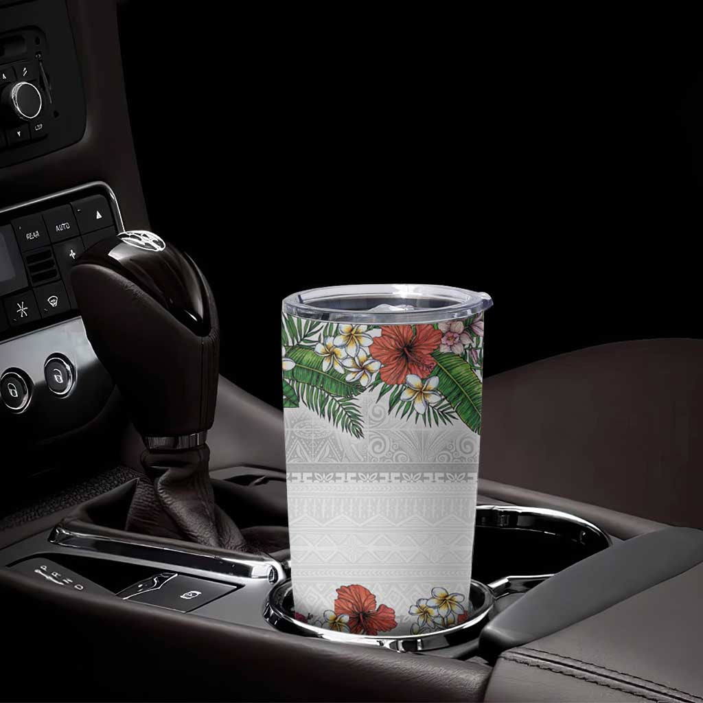 Hawaiian Tropical Flowers and Tribal Polynesian Tattoo Tumbler Cup White Color