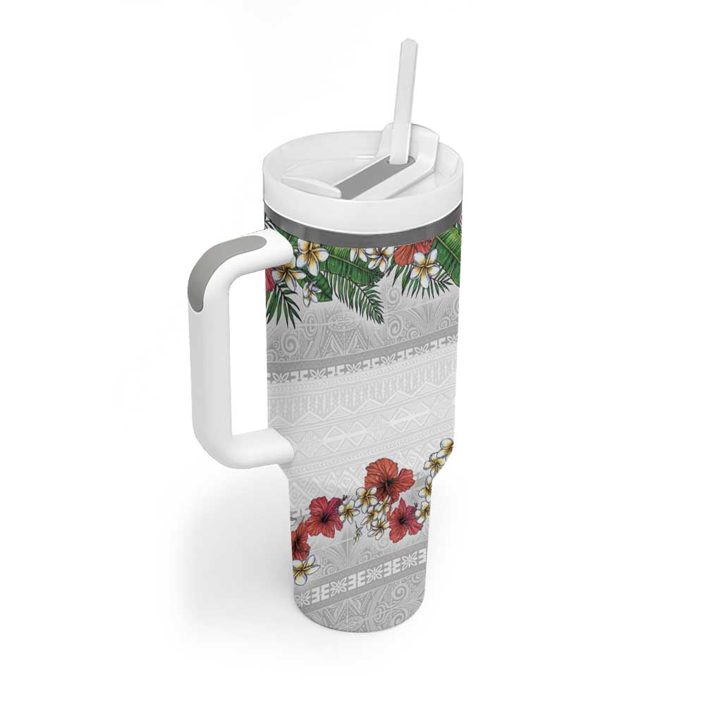 Hawaiian Tropical Flowers and Tribal Polynesian Tattoo Tumbler With Handle White Color