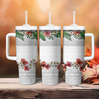 Hawaiian Tropical Flowers and Tribal Polynesian Tattoo Tumbler With Handle White Color
