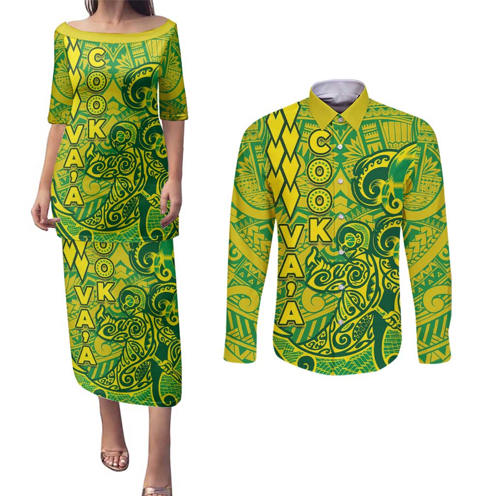 Cook Islands Vaa Polynesian Art Tattoo Couples Matching Puletasi and Long Sleeve Button Shirt National Color