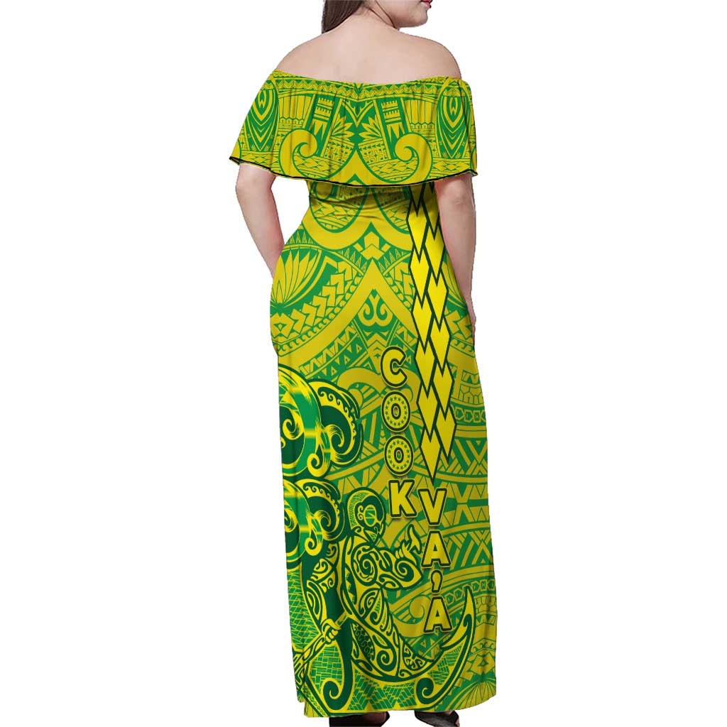 Cook Islands Vaa Polynesian Art Tattoo Family Matching Off Shoulder Maxi Dress and Hawaiian Shirt National Color