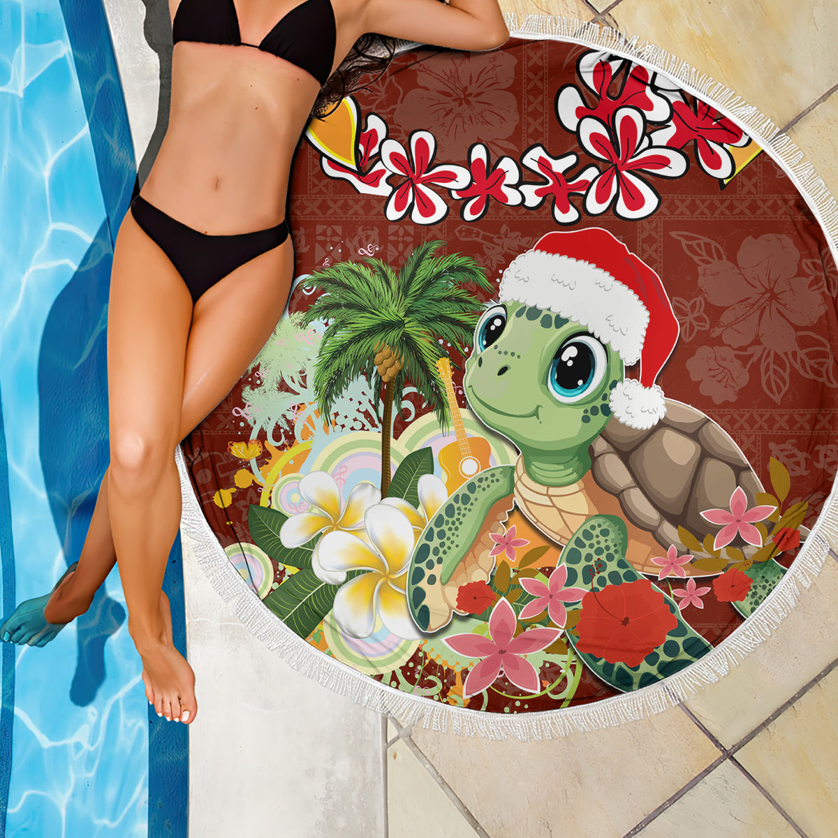 Hawaii Honu Mele Kalikimaka Beach Blanket Santa Tropical Flower Aloha Summer Red Version LT03 - Polynesian Pride