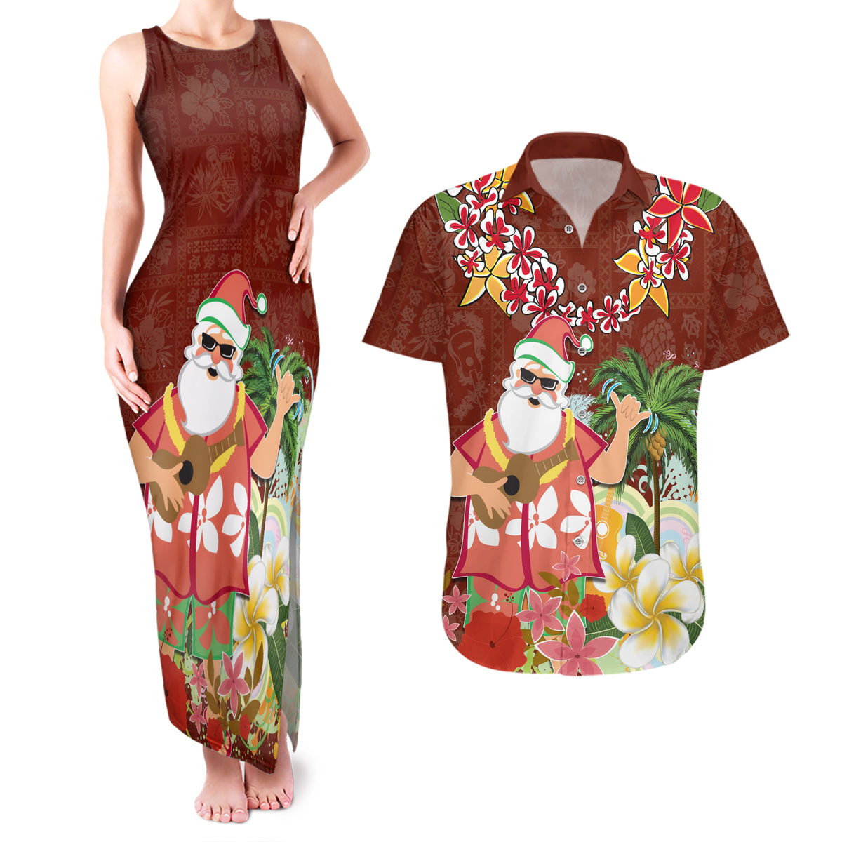 Hawaii Honu Mele Kalikimaka Couples Matching Tank Maxi Dress and Hawaiian Shirt Santa Tropical Flower Aloha Summer Red Version LT03 Red - Polynesian Pride