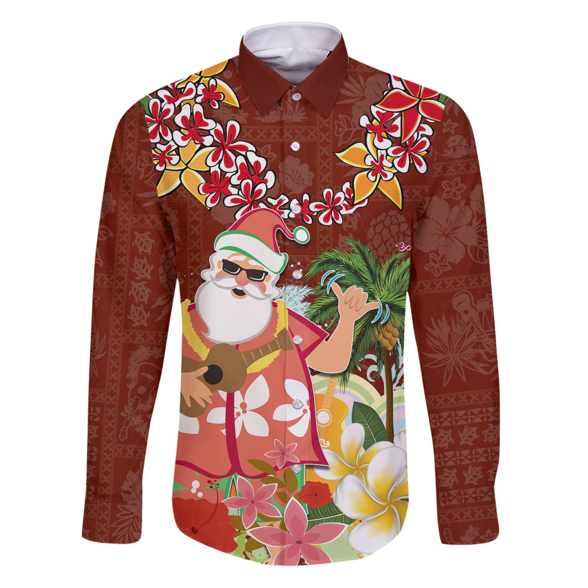 Hawaii Honu Mele Kalikimaka Family Matching Puletasi Dress and Hawaiian Shirt Santa Tropical Flower Aloha Summer Red Version LT03 Dad's Shirt - Long Sleeve Red - Polynesian Pride