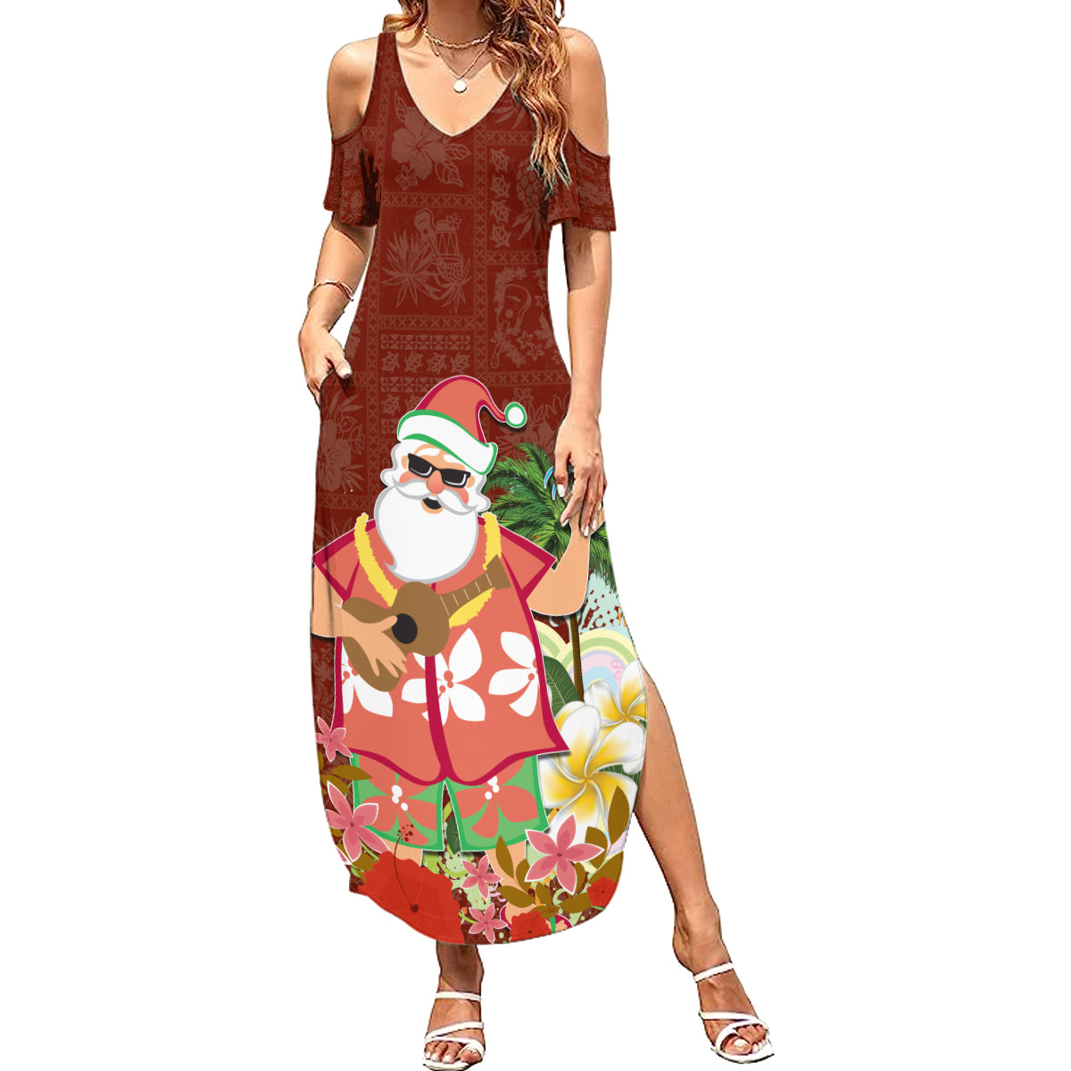 Hawaii Honu Mele Kalikimaka Family Matching Summer Maxi Dress and Hawaiian Shirt Santa Tropical Flower Aloha Summer Red Version LT03 Mom's Dress Red - Polynesian Pride