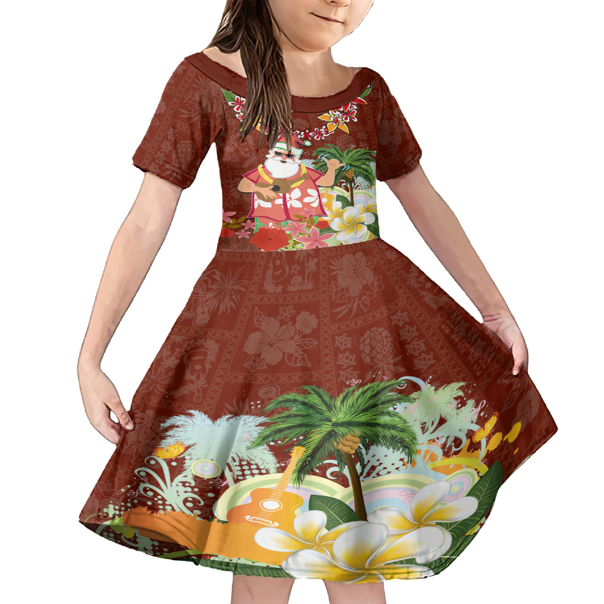 Hawaii Honu Mele Kalikimaka Kid Short Sleeve Dress Santa Tropical Flower Aloha Summer Red Version LT03 KID Red - Polynesian Pride