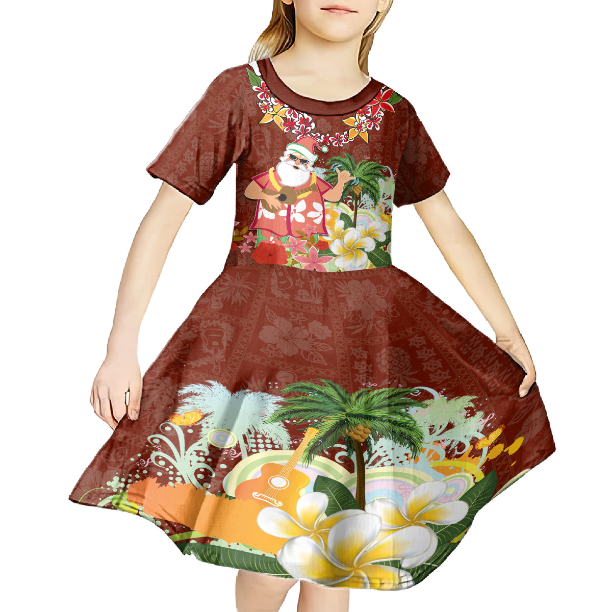 Hawaii Honu Mele Kalikimaka Kid Short Sleeve Dress Santa Tropical Flower Aloha Summer Red Version LT03 - Polynesian Pride