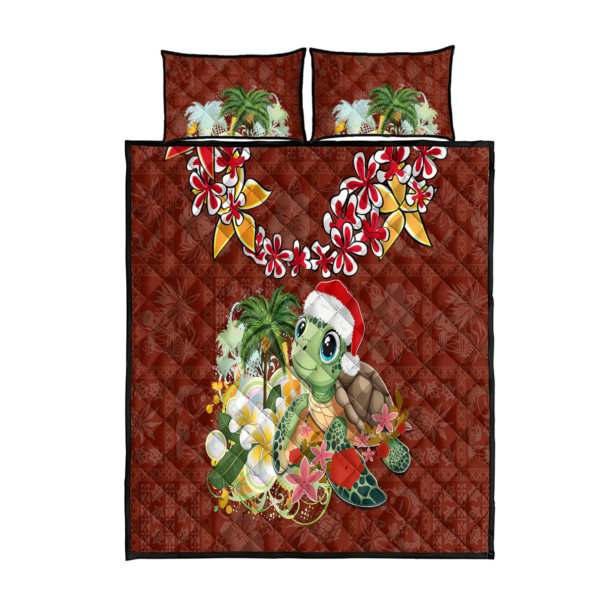 Hawaii Honu Mele Kalikimaka Quilt Bed Set Santa Tropical Flower Aloha Summer Red Version LT03 Red - Polynesian Pride