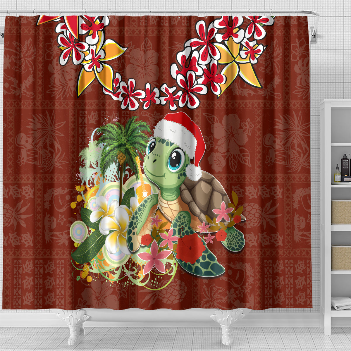 Hawaii Honu Mele Kalikimaka Shower Curtain Santa Tropical Flower Aloha Summer Red Version LT03 - Polynesian Pride