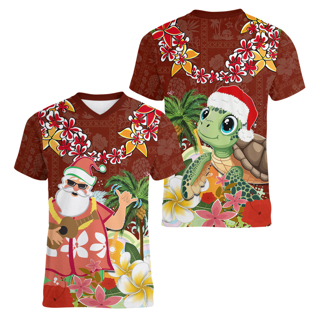 Hawaii Honu Mele Kalikimaka Women V Neck T Shirt Santa Tropical Flower Aloha Summer Red Version LT03 - Polynesian Pride
