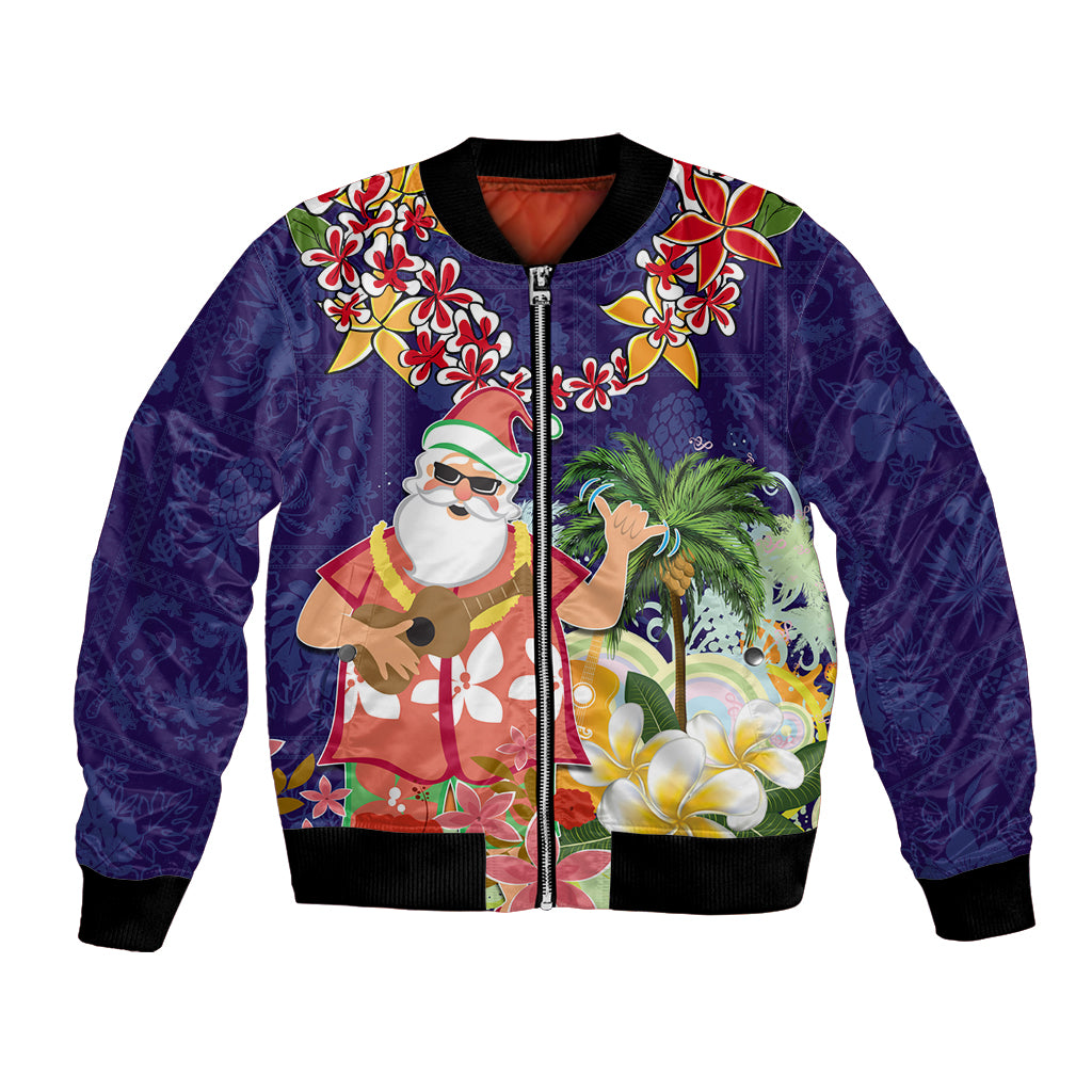 Hawaii Honu Mele Kalikimaka Bomber Jacket Santa Tropical Flower Aloha Summer Blue Version LT03 Unisex Blue - Polynesian Pride