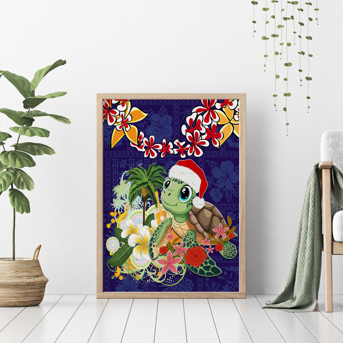 Hawaii Honu Mele Kalikimaka Canvas Wall Art Santa Tropical Flower Aloha Summer Blue Version LT03 - Polynesian Pride