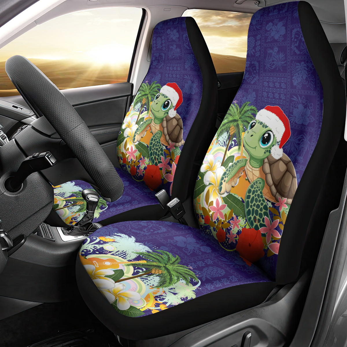 Hawaii Honu Mele Kalikimaka Car Seat Cover Santa Tropical Flower Aloha Summer Blue Version LT03 - Polynesian Pride