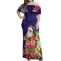 Hawaii Honu Mele Kalikimaka Off Shoulder Maxi Dress Santa Tropical Flower Aloha Summer Blue Version LT03 Women Blue - Polynesian Pride