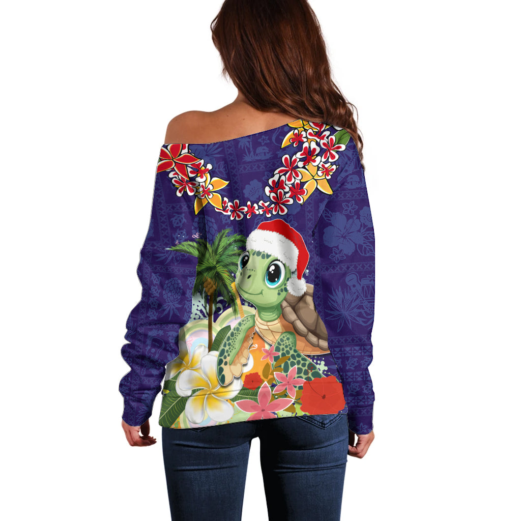 Hawaii Honu Mele Kalikimaka Off Shoulder Sweater Santa Tropical Flower Aloha Summer Blue Version LT03 - Polynesian Pride