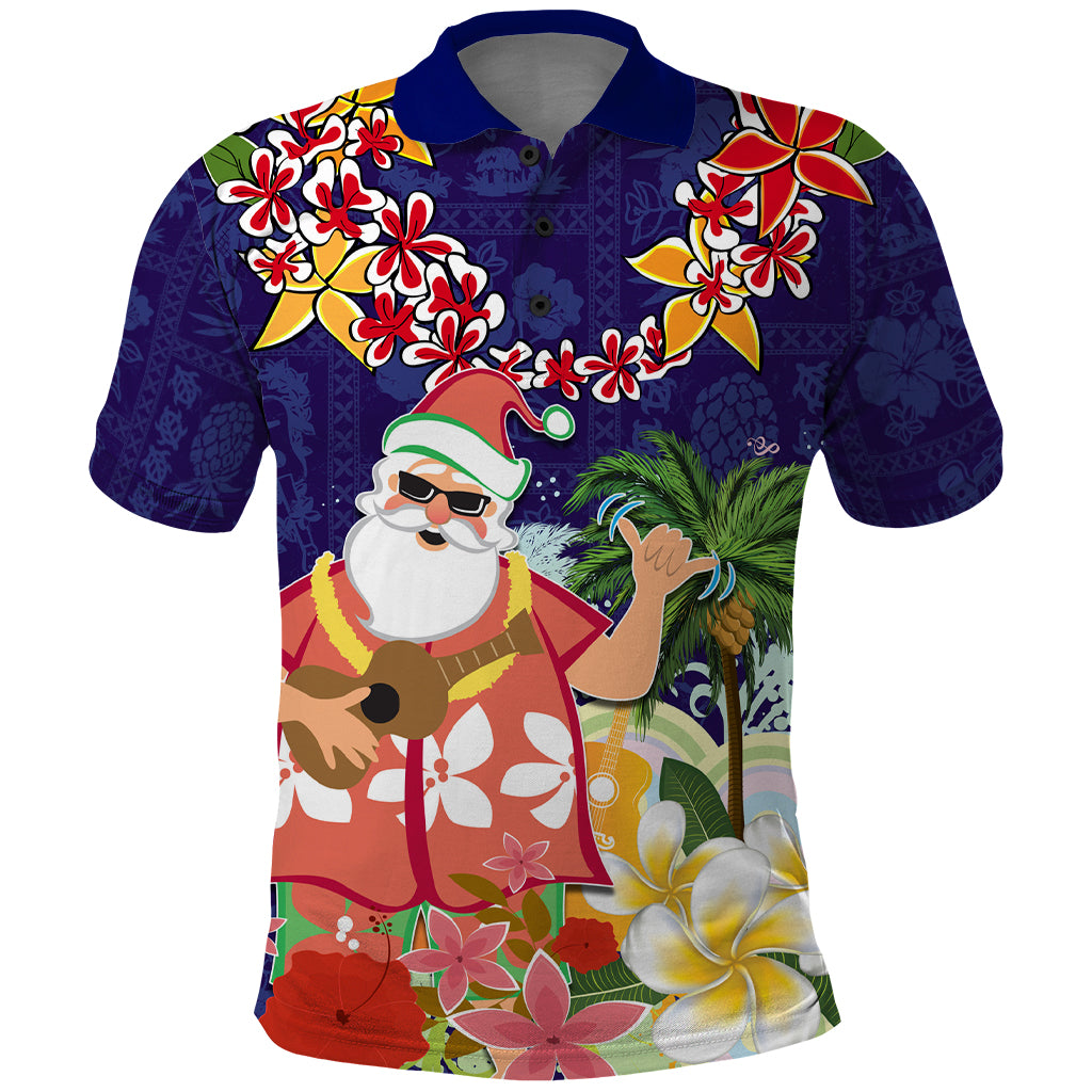 Hawaii Honu Mele Kalikimaka Polo Shirt Santa Tropical Flower Aloha Summer Blue Version LT03 Blue - Polynesian Pride