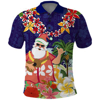 Hawaii Honu Mele Kalikimaka Polo Shirt Santa Tropical Flower Aloha Summer Blue Version LT03 Blue - Polynesian Pride