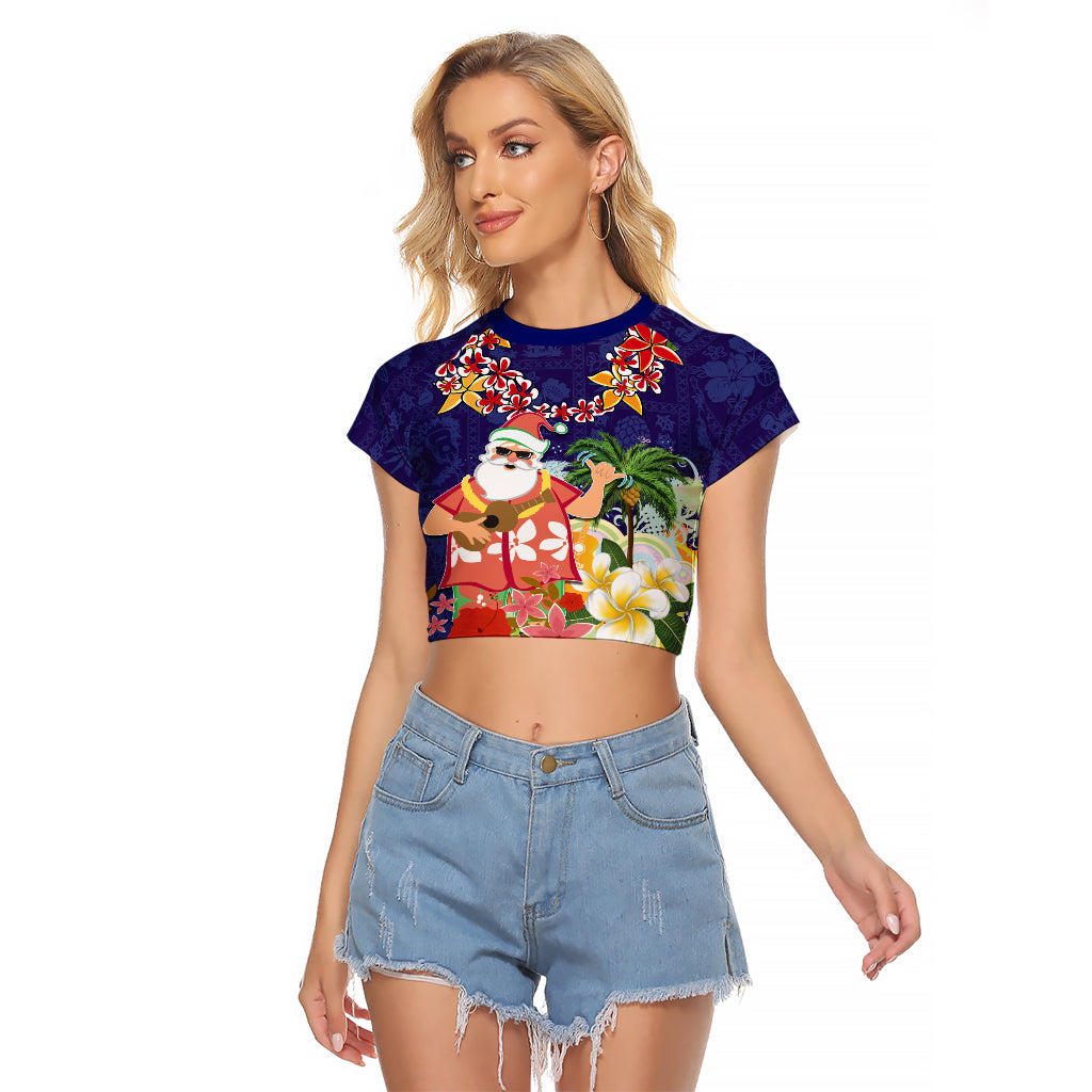Hawaii Honu Mele Kalikimaka Raglan Cropped T Shirt Santa Tropical Flower Aloha Summer Blue Version LT03 Female Blue - Polynesian Pride