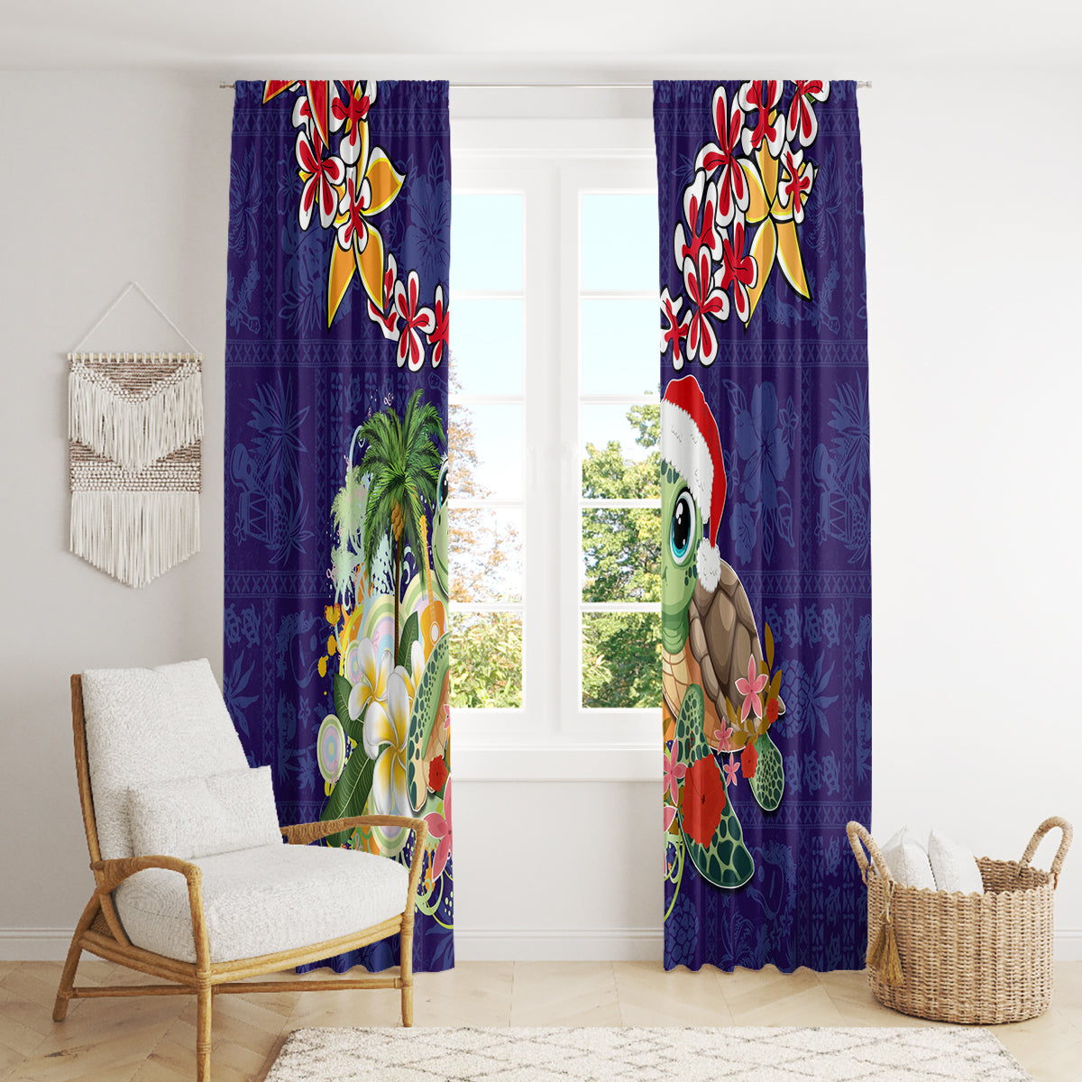 Hawaii Honu Mele Kalikimaka Window Curtain Santa Tropical Flower Aloha Summer Blue Version LT03 - Polynesian Pride