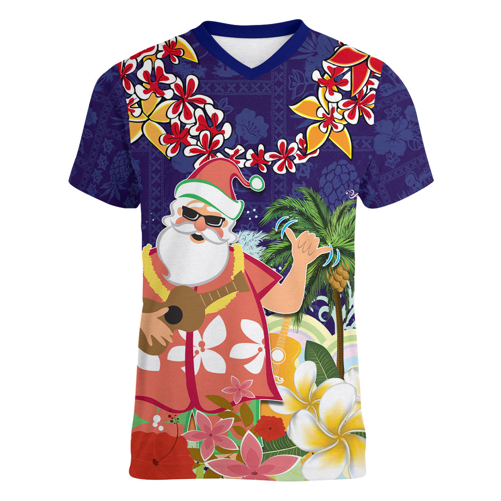 Hawaii Honu Mele Kalikimaka Women V Neck T Shirt Santa Tropical Flower Aloha Summer Blue Version LT03 Female Blue - Polynesian Pride