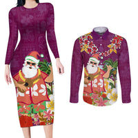 Hawaii Honu Mele Kalikimaka Couples Matching Long Sleeve Bodycon Dress and Long Sleeve Button Shirt Santa Tropical Flower Aloha Summer Pink Version LT03 Pink - Polynesian Pride