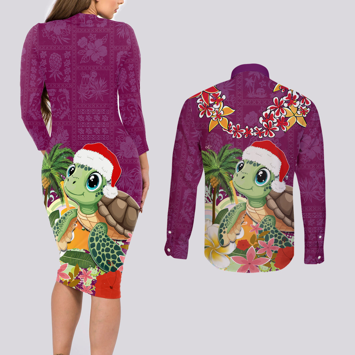 Hawaii Honu Mele Kalikimaka Couples Matching Long Sleeve Bodycon Dress and Long Sleeve Button Shirt Santa Tropical Flower Aloha Summer Pink Version LT03 - Polynesian Pride